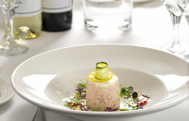 Gourmet prawn dish in restaurant