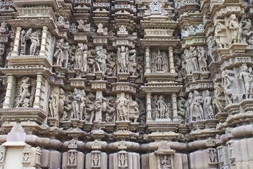 Detail of carving on a temple in Khajuraho, India.