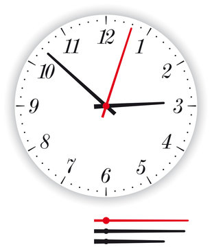 Clock face modern. Illustration of a modern clock face, dial, as part of an analog clock, watch, with black and red pointers. Isolated on white background. Vector.