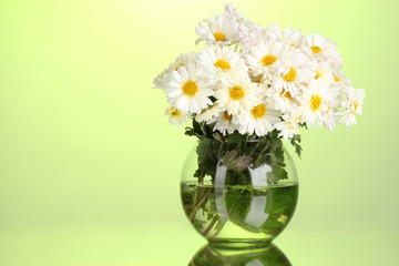 Fototapeta na wymiar beautiful bouquet of daisies in vase on green background