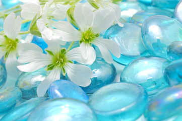 Delicate White Flowers on Blue Glass Stones