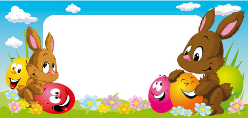 easter frame with bunnies and smilig eggs