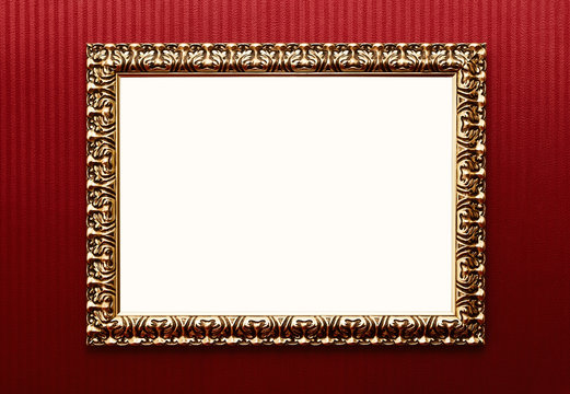 Blank vintage gold frame over red wallpaper with path