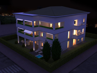appartamento rendering 3d exterior architettura notturno