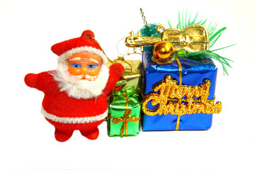 Christmas decorations and gifts on a white background