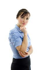 woman in blue blouse with crossed arms, isolated