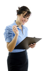 Business woman holding notepad, isolated on white