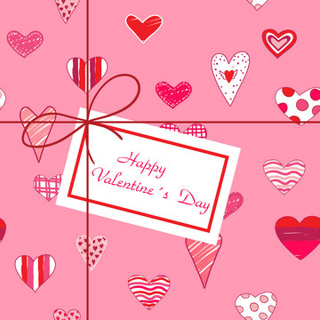 Valentines greeting card with hearts and label.