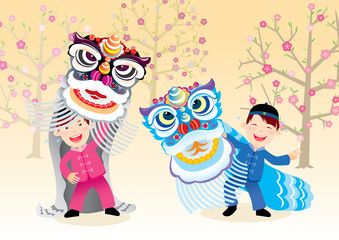 Kids playing the Lion dance when Chinese New Year