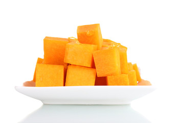 sliced pumpkin on plate isolated on white