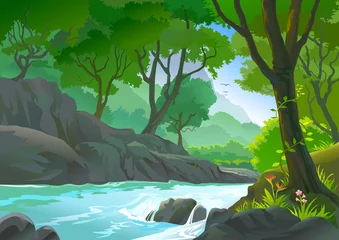 Wall murals River, lake TREES BY RIVERSIDE  HILLS AND ROCKS