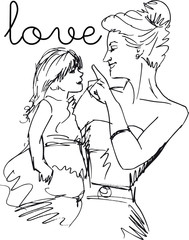 Sketch of little girl having fun with her beautiful mother. Vect