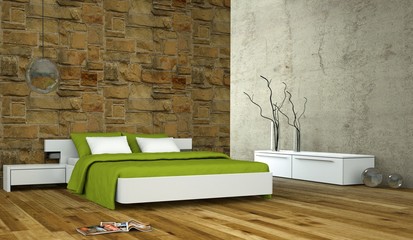 Wohndesign - Schlafzimmer mit Natursteinwand