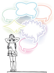 sketch of girl covering ears from loud noise balloons. vector il