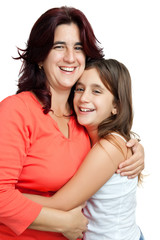 Latin mother hugging her daughter  isolated on white