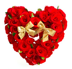 heart of red roses with golden bow