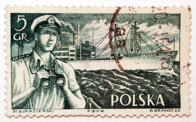 Polski znaczek pocztowy z lat 1950/1960  - marynarz w porcie - obrazy, fototapety, plakaty