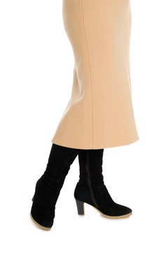 Elegant Women's Skirt And Suede Boots.