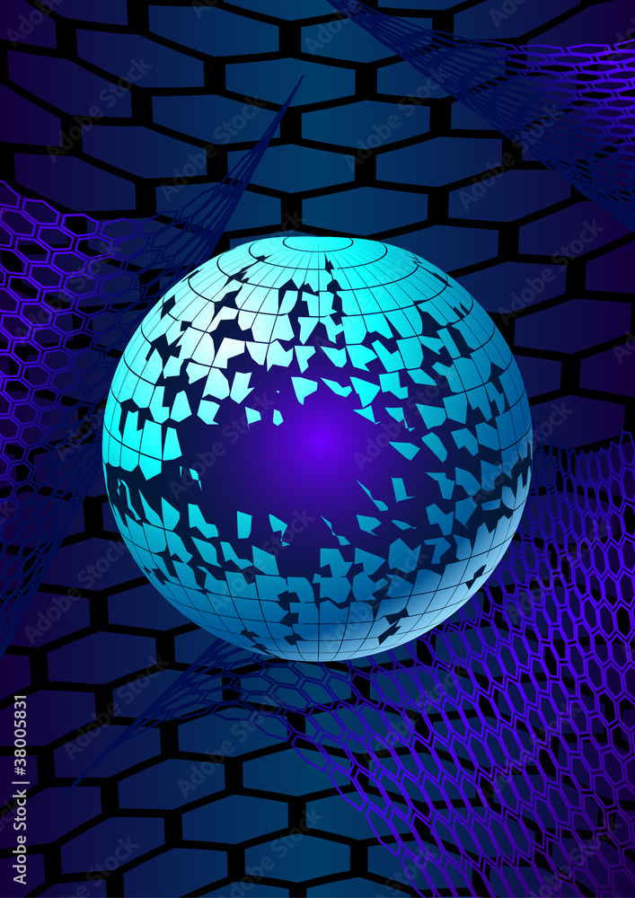 Poster broken ball over the hexagonal grids