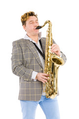 Fototapeta na wymiar Man plays the saxophone with his eyes closed