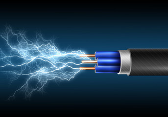 Electric cord with electricity sparkls - obrazy, fototapety, plakaty