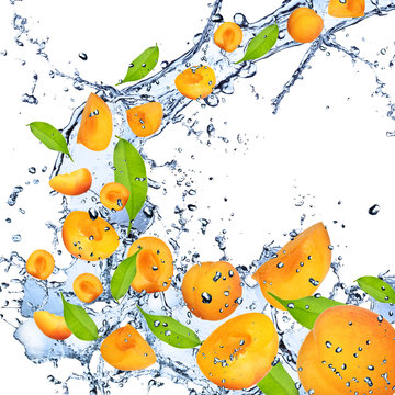 Fresh apricots falling in water splash