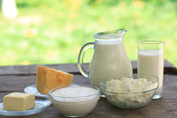 Dairy products on wooden table
