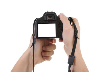 dslr camera in male hands. copyspace