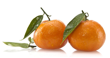 Fresh clementines with leafs on white background