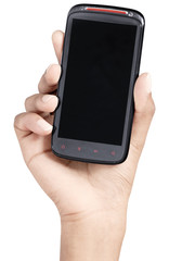 hand with hitech black smartphone
