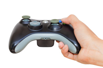Video game controller in hand isolated on white background