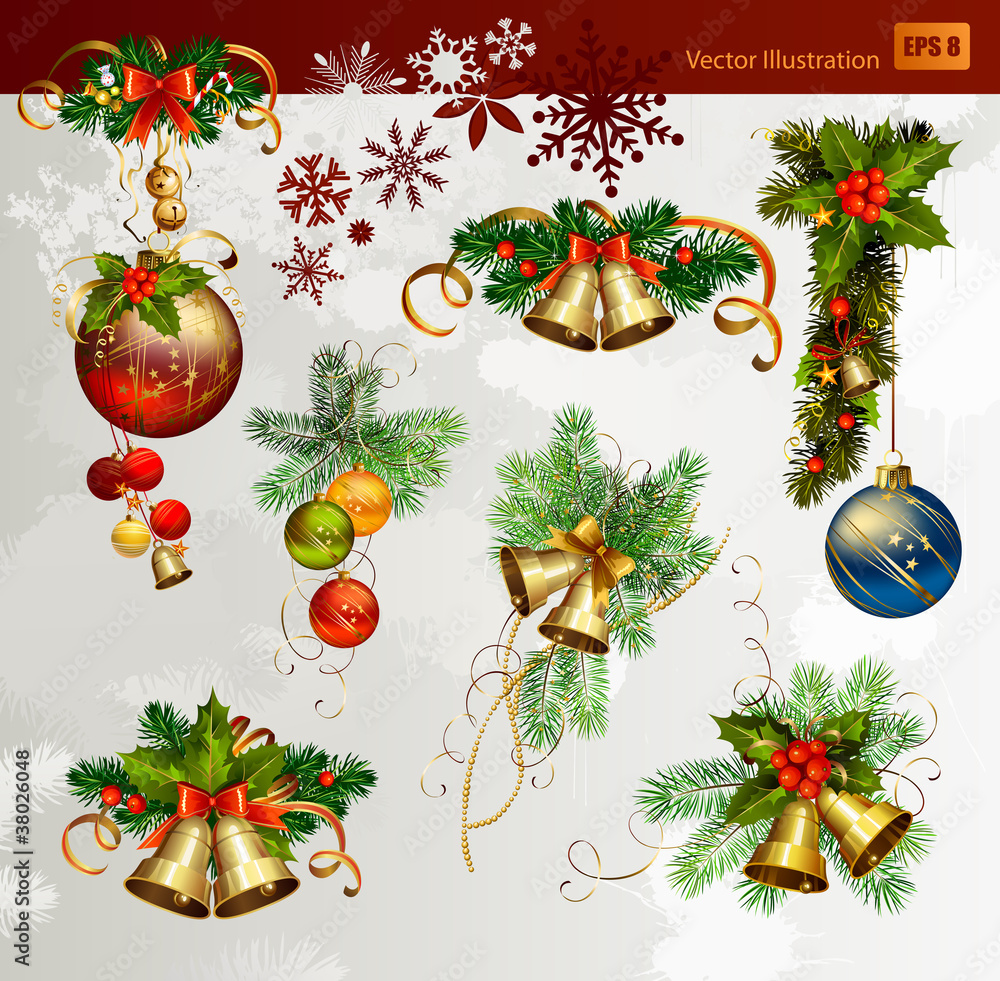 Wall mural Christmas vector set of fir tree and evening balls