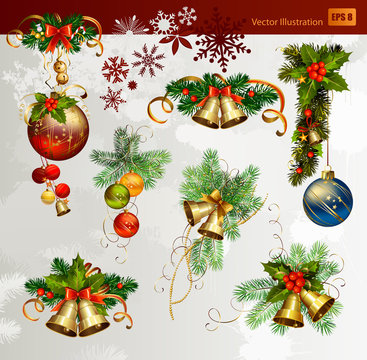 Christmas vector set of fir tree and evening balls