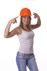 Girl in  building helmet on  white