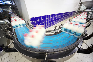 Conveyor with wrapped milk bottles at big factory