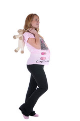 schwangere frau mit babyspielzeug