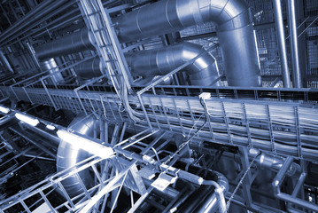 Industrial zone, Steel pipelines and cables in blue tones