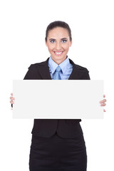 businesswoman holding white sing