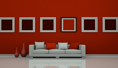 Wohndesign - Sofa vor Bilderwand rot