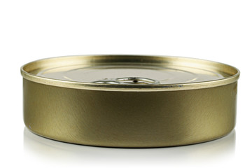 Tin with canned food on a white background.