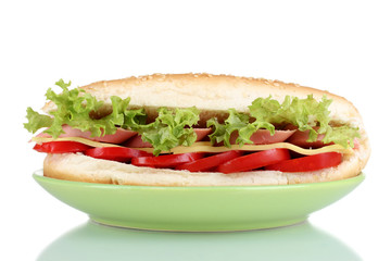 Delicious sandwich on plate isolated on white