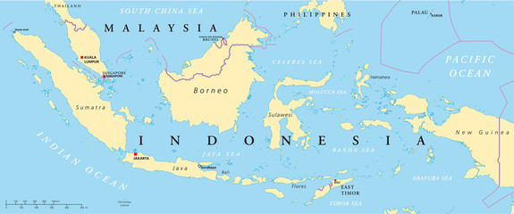Malaysia and Indonesia political map with capitals Kuala Lumpur and Jakarta, with national borders and lakes. Illustration with English labeling and scaling. Vector.