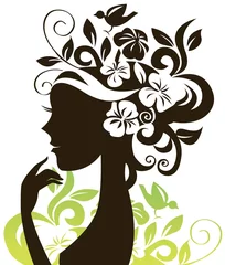 Crédence de cuisine en verre imprimé Femme fleurs Belle silhouette de femme avec des fleurs et des oiseaux