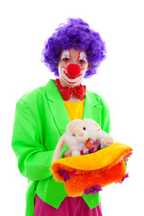 Clown and magic rabbit out of hat