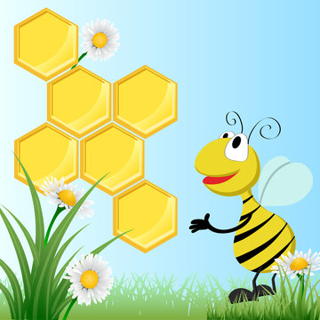 Cartoon bee with honey and flower