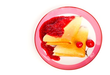 sweet pancakes with raspberries jam