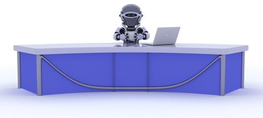 robot sat at a desk reporting the news