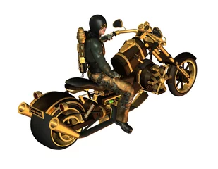 Deurstickers motorrijder op een steampunk-motorfiets © JuliSonne