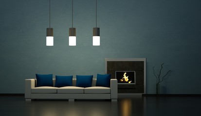 Wohndesign - Sofa vor Kamin blau