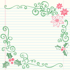 Christmas Holly and Poinsetta Flowers Doodle
